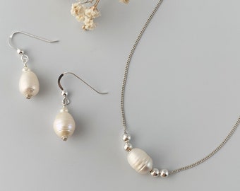 Sterling silver Fresh Water Pearl Earrings and Necklace set Dainty Romantic Minimalistic Single Drop Jewelry Gift for Her