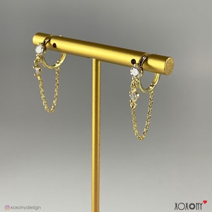Gold CZ Huggie Chain Hoop Earrings, Sterling Silver, Minimalist Hoops Huggies, Hoops with chain threaders, gift for her