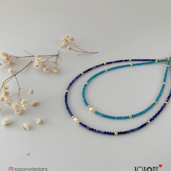 14K Gold Filled, Halbedelsteine Apatit und Sodalith Perlen Choker Halskette mit Süßwasser Perle, Stapel Halskette, Geschenk für sie