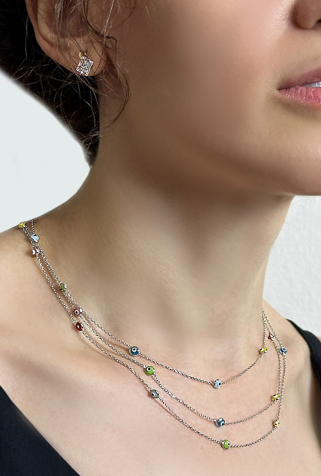 Evil Eye Necklace, Multi Layered Necklace, Colorful Evil Eye Dainty Statement Necklace, Birthday gift for her, 925 Sterling Silver