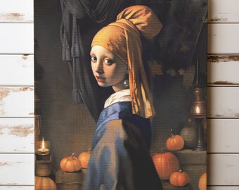 Chica de otoño con el pendiente de perla lienzo envoltura decoración de pared / obra de arte clásica temática de Halloween