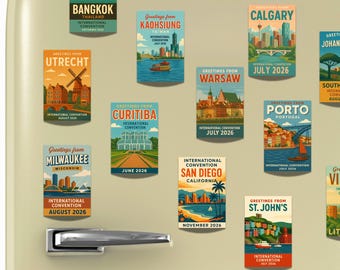 Puede incluir: Un conjunto de imanes rectangulares con diseños temáticos de viajes, que incluyen paisajes urbanos y monumentos. Cada imán presenta las palabras "Greetings From" y el nombre de una ciudad, como "Bangkok" y "Calgary". Los imanes están adheridos a un refrigerador crema.
