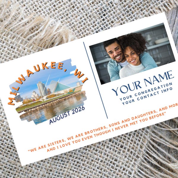 May include: A white card with a photo of a smiling couple, the text "YOUR NAME" and "YOUR CONGREGATION YOUR CONTACT INFO". The card also features a Milwaukee, WI graphic and the text "AUGUST 2026".