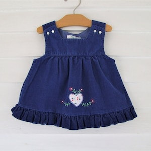 Vintage 1970s baby girl pinafore dress size 9-12 months, corduroy dress / jumper, folk art heart, by Tiny Tots Originals