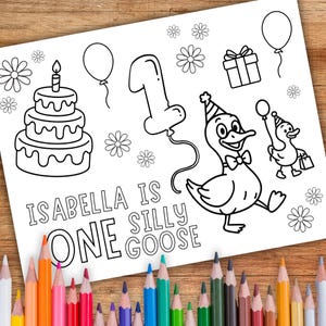 One Silly Goose Birthday Party, Birthday Activity Sheet, Silly Goose Coloring, First Birthday Party, Goose 1st Birthday, Coloring Placemat