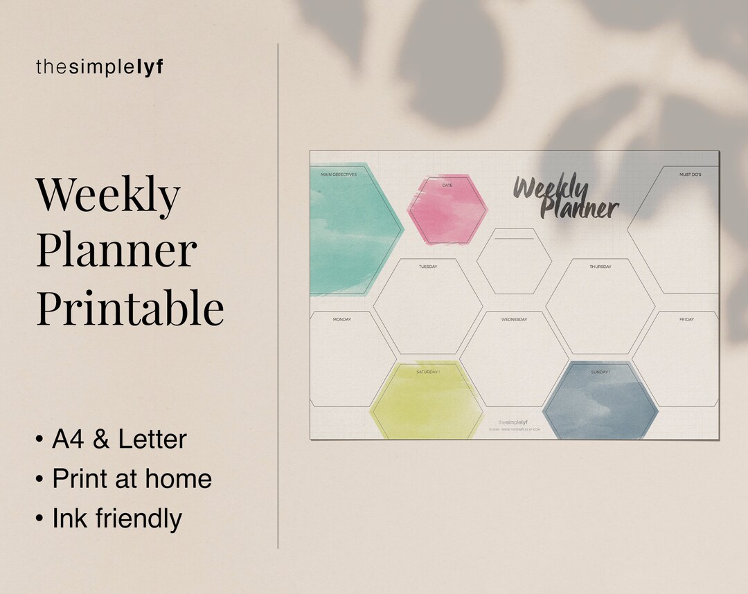 Printable Weekly Planner - A4 US Letter - Watercolour Hexagon Planner ...