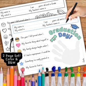 Last Day of Preschool Interview, Graduation Keepsake, Handprint Art, Coloring Page, Activity Sheet, School Memory Book, Kindergarten Grad