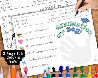 Last Day of Preschool Interview, Graduation Keepsake, Handprint Art, Coloring Page, Activity Sheet, School Memory Book, Kindergarten Grad