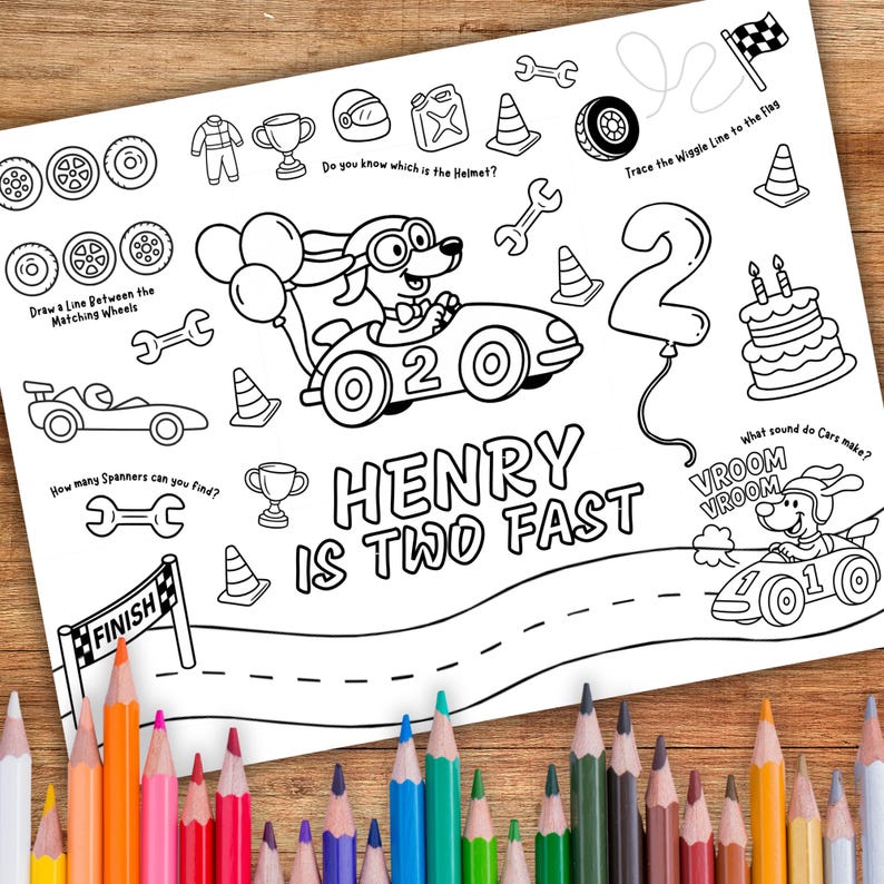 Two Fast Race Car Coloring Pages, Personalized, Kids Birthday Activity ...