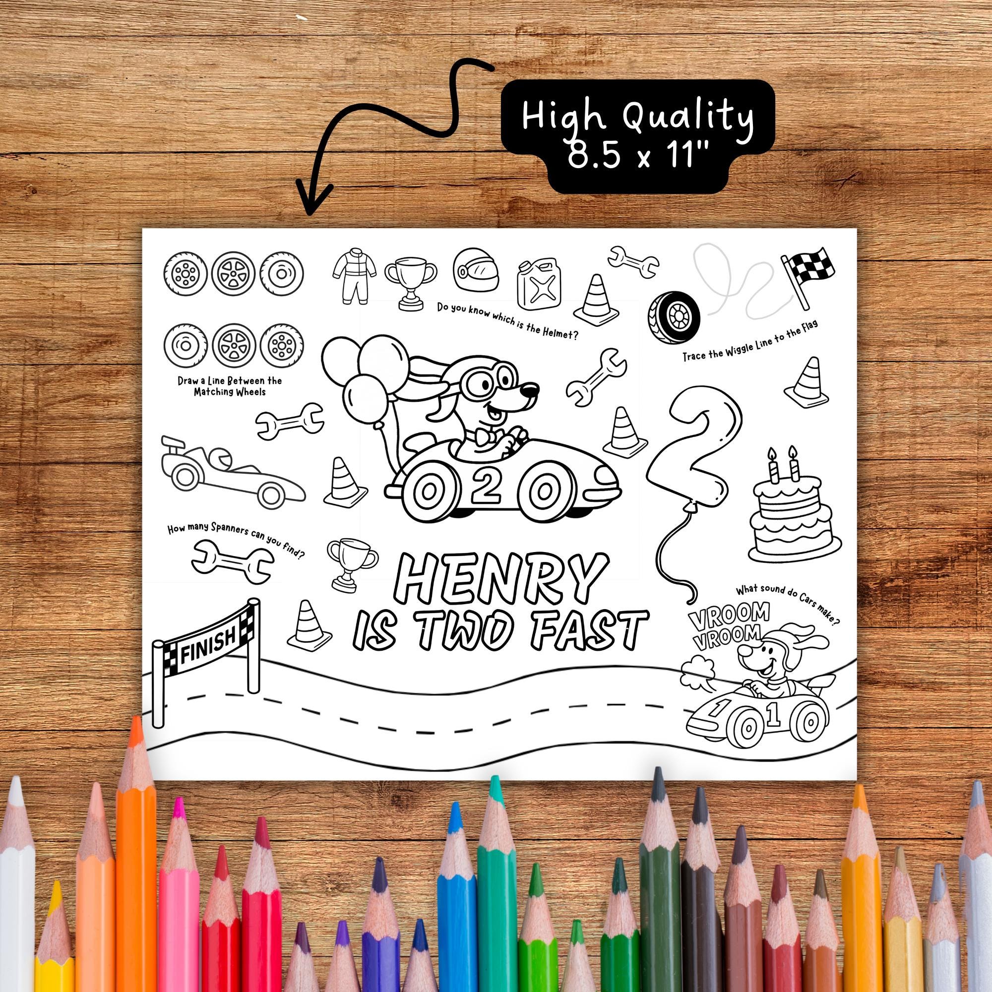 Two Fast Race Car Coloring Pages, Personalized, Kids Birthday Activity ...