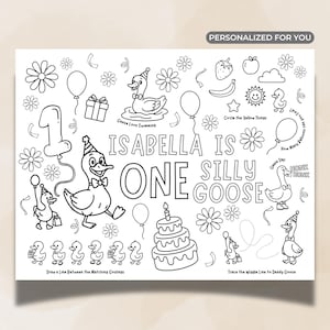 Dumme Gans Geburtstagsparty Aktivitätenblatt, druckbare Kinder Malseite, ein Silly Goose Gastgeschenk, personalisiertes Party Tischset