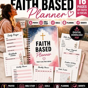 May include: A Faith Based Planner with a spiral binding, featuring a pink and blue watercolor design. The planner includes sections for prayer, Bible study, goals, planning, and growth. The cover reads "Faith Based Planner".