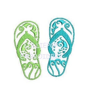 May include: Two pairs of flip-flop sandals, one pair is green and the other is blue. The sandals have a decorative design.