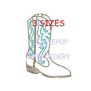 May include: Embroidered design of a brown cowboy boot with a blue floral pattern. The design says "3 SIZES" at the top.