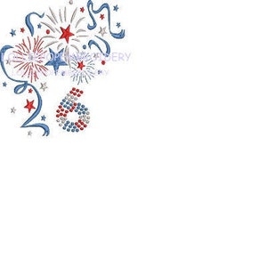 May include: A red, white, and blue firework design with stars and streamers. The design is perfect for a 4th of July celebration.