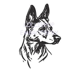 May include: A black and white line drawing of a dog's head in profile. The dog has pointed ears and a long snout, with detailed linework defining its features. The artwork is set against a plain white background, emphasizing the dog's silhouette.