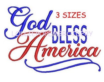 May include: An embroidered design in red and blue script on a white background. The text reads "God Bless America" with the word "God" in blue, "America" in red, and "Bless" in blue. The text "3 Sizes" is in red.