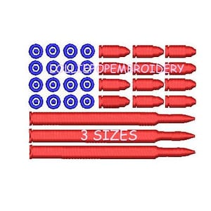 May include: An American flag design with red and blue bullets. The flag has 13 rows of blue circles and 13 rows of red bullets. The text "3 SIZES" is below the flag.