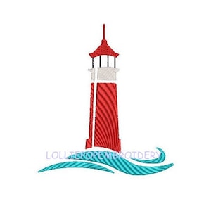 May include: Red and white lighthouse with a blue wave underneath. The lighthouse has a red striped tower and a white roof.