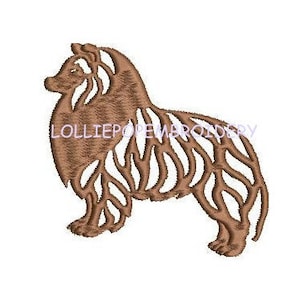 May include: Embroidered design of a brown Shetland Sheepdog, also known as a Sheltie, in a silhouette style. The dog is standing with its head turned to the left.