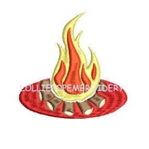 May include: Embroidered design of a campfire with orange and yellow flames and brown logs on a red background.