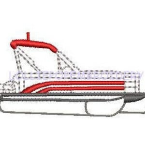 May include: A white pontoon boat with a red frame and gray accents. The boat has a raised canopy and a flat deck.