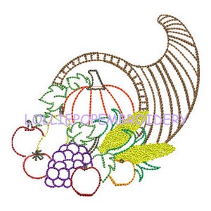 Könnte beinhalten: Ein Füllhorn gefüllt mit Herbst-Ernteprodukten, darunter ein Kürbis, Trauben, Äpfel und Mais. Das Füllhorn ist braun und weiß, und die Gegenstände sind in Orange-, Grün-, Lila- und Gelbtönen gehalten.