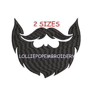 May include: Black and white embroidery design of a beard with the text "2 SIZES" and "LOLLIEPOPEMBROIDERY" below.