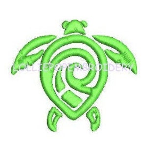 May include: Green stylized outline of a sea turtle with a spiral shell design.