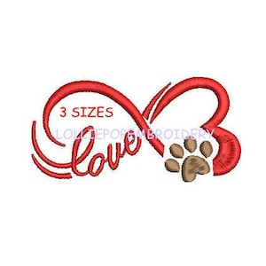 Peut inclure: Symbole d'infini rouge avec le mot "love" à l'intérieur et une empreinte de patte brune au centre. Le texte "3 tailles" est également inclus dans l'image.