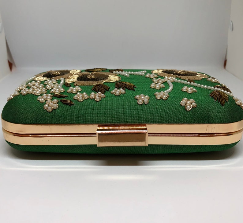 Green Clutch Purse gold/bronze beads and sequence with white Etsy