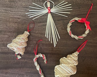 Handmade Natural Straw Christmas Ornaments: Angel, Candy Cane, Bell