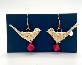 Staw weaving handmade earrings Ptashka (UA) Bird. Natural materials unique style