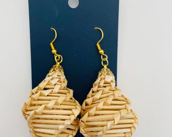 Staw weaving boho handmade earrings. Natural materials unique style