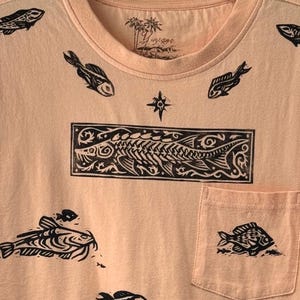 sturgeon linocut shirt freshwater fish endangered species - peach L 100% cotton