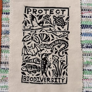 Peut inclure: Impression en linogravure noir et blanc sur tissu crème. Le texte "PROTECT BIODIVERSITY" et des illustrations d'animaux et de plantes, dont un oiseau, une tortue, un poisson et un lézard. Le tissu a un aspect texturé.