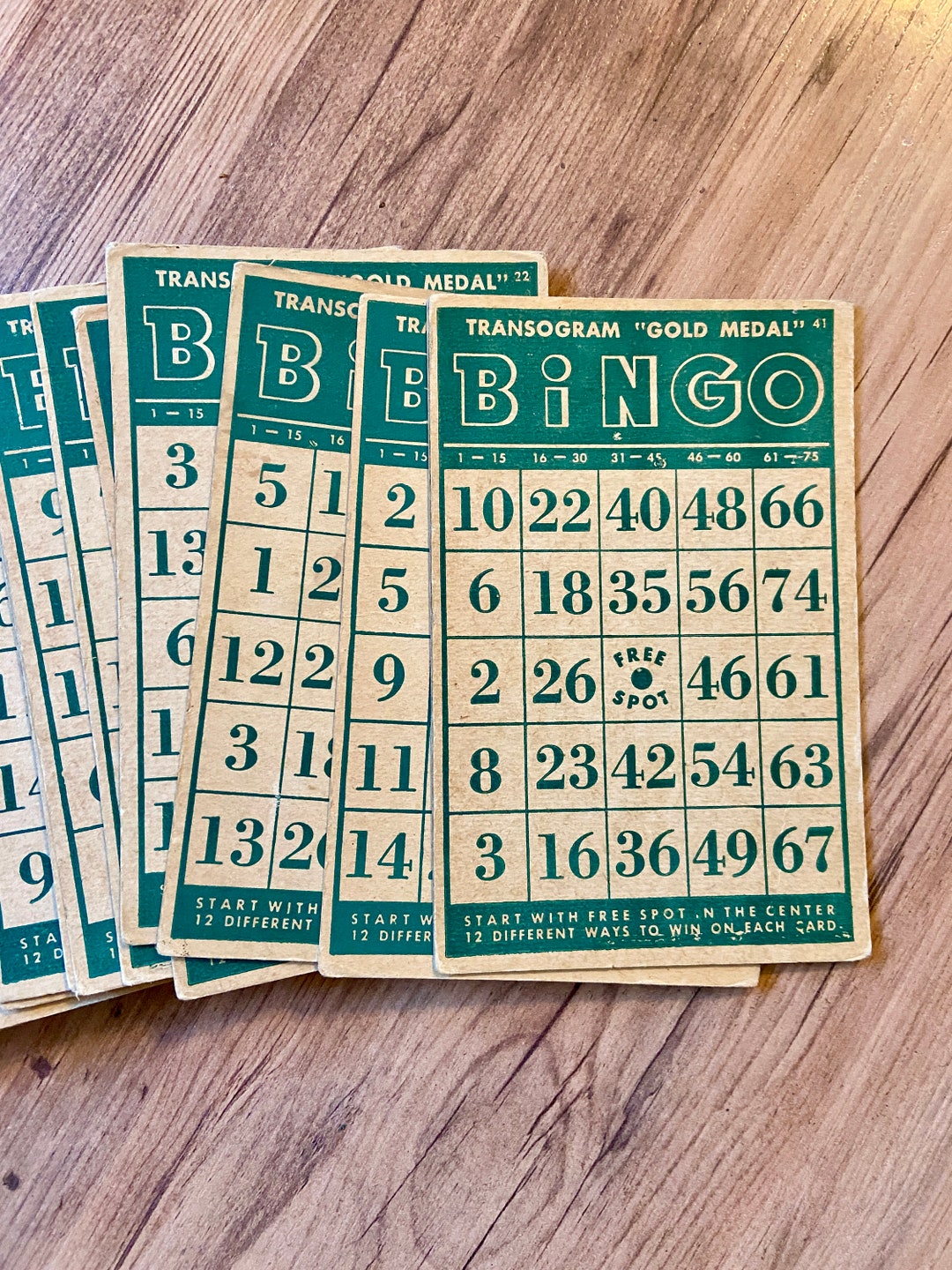 Set of 77 Vintage BINGO Cards From Transogram gold Medal in Green