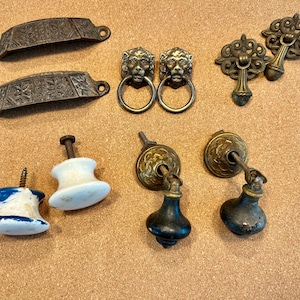 Collection of 10 Pairs of Antique Brass, Metal, Glass & Porcelain Cabinet/Door Knobs - Antique Knobs -  Antique Salvage - Antique Hardware