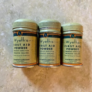 Set of 3 Antique Wyeth&#39;s First Aid Powder Tin Litho Shakers - Vintage Tins - Vintage Advertising for Wyeth&#39;s Sterile Surgical Dressing