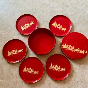 Vintage Otagiri Lacquer-style Plastic Christmas Coasters in Storage Box - Christmas Coasters - Vintage Christmas - Vintage Holiday - Holiday