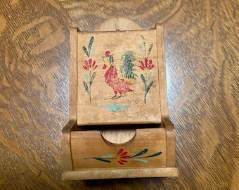 Antique/Vintage Wooden Matchbox Holder in White with Red Rooster Design on Front - Vintage Kitchen - Vintage Farmhouse - Farmhouse Decor