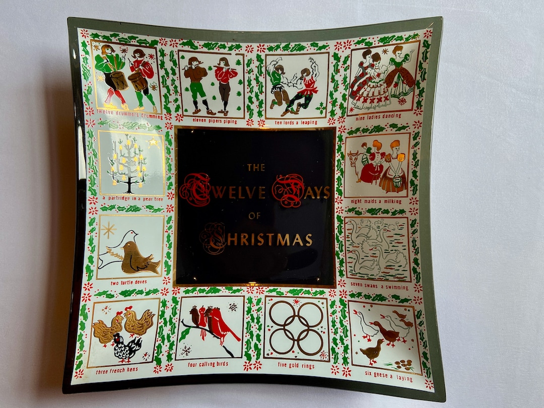 Vintage Large Houze Art Glass Christmas Dish Candy Dish Twelve Days of