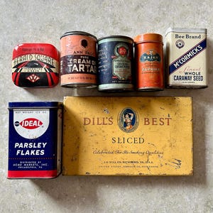 Collection of 7 Vintage Tins- A&P Ground Pepper Spice Tin- Dills Best Tobacco- Vintage Kitchen- Country Store Tin- Rajah Paprika- McCormick