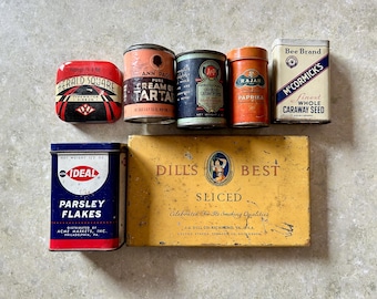 Collection of 7 Vintage Tins- A&P Ground Pepper Spice Tin- Dills Best Tobacco- Vintage Kitchen- Country Store Tin- Rajah Paprika- McCormick