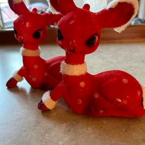 Vintage Pair of Large Red Flocked Christmas Reindeer - Reindeer - 2 Flocked Red Deer Figurines - Vintage Christmas- Christmas Decor