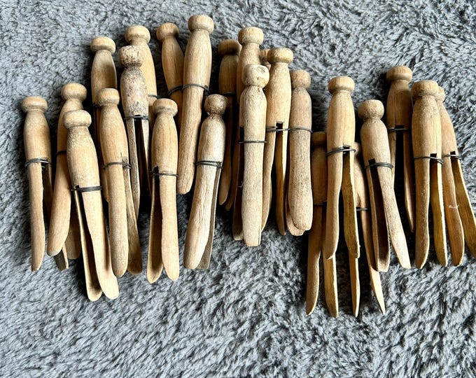 Vintage Set of 25 Round Wooden Clothespins With Wire and Checkered Tie ...
