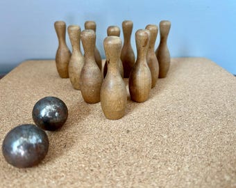 Antique Wooden Bowling Pin Game with 2 Steel Balls - Wooden Travel Bowling - Vintage Games - Games- Vintage Toys- Family Game Night