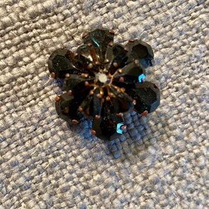 Vintage Black Rhinestone Brooch, Teardrop Cuts & Round Center - Gold Tone Backing - Black Rhinestones - Made in Germany - Costume Jewelry