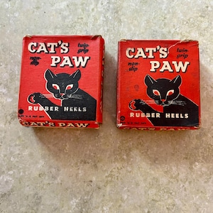 Set of 2 Small Vintage Cat&#39;s Paw Rubber Heels in OB-  Vintage Advertising- Halloween Decor- Vintage Store Stock- Black Cat Graphics - Orange