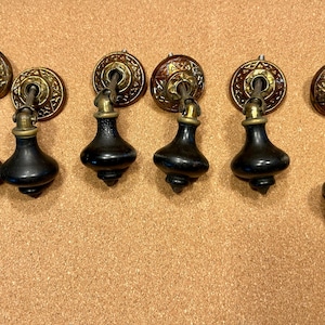 Collection of 6 Matching Antique Brass & Wood Teardrop  Cabinet/Drawer Knobs - Antique Salvage - Antique Hardware - Antique Furniture Parts